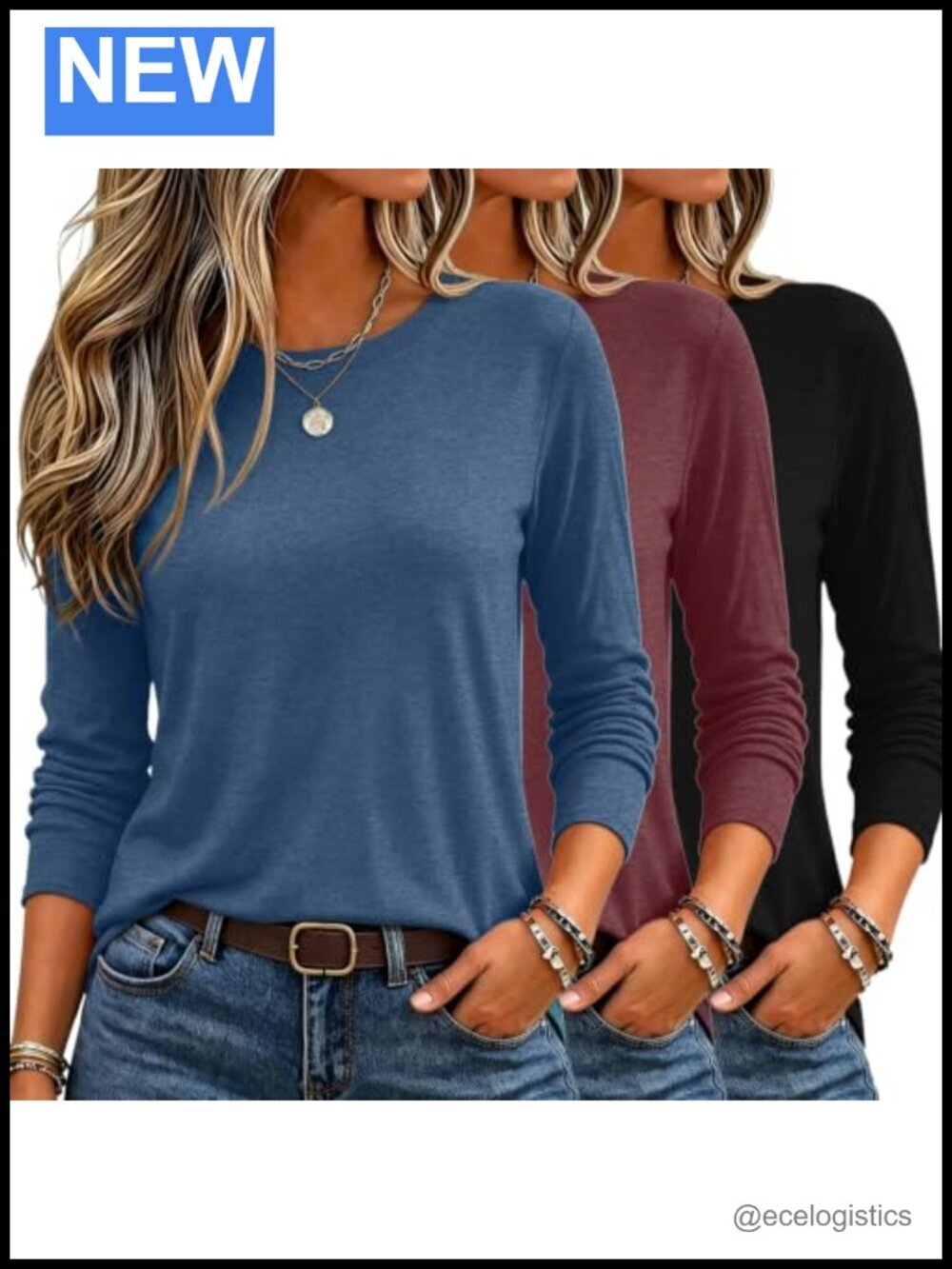 3 Pack Long Sleeve Crewneck Basic Tee Tops Women Soft Stretch